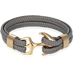 Tom Jaxon Heren armband Anker gevlochten Leer Goudkleurig Grijs - 20cm