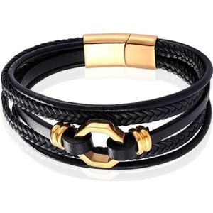 Mendes Jewelry Heren Armband van Roestvrijstaal en Echt Leder - Stijlvol Zwart met Gouden Achtkant-19cm