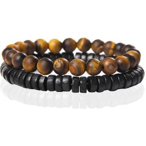 Memphis Stacked Armband - Hout & Matte Tiger Eye-21cm