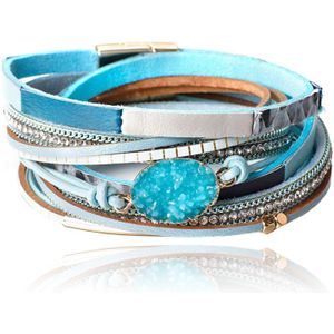 Blauwe leren dames armband Bohemian stijl met steen