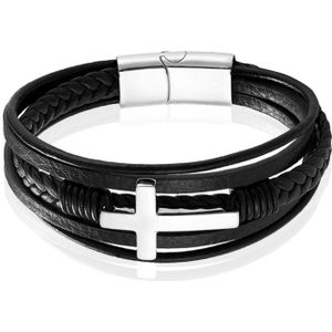 Mendes Jewelry Roestvrijstalen en Echt Lederen Heren Armband met Groot Kruis in Zwart en Zilver-23cm