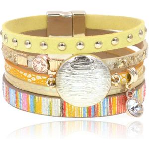 Gele multicolor leren dames armband Ibiza stijl met bedels en studs