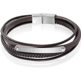 Mendes Heren Armband Bruin Leer Edelstaal ID Graveerplaat Zilverkleurig-19cm