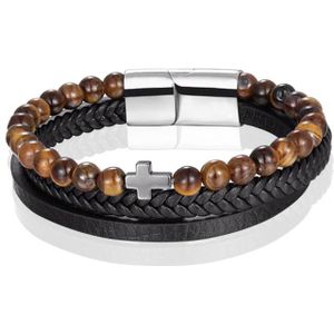 Heren armband Memphis Tijgeroog  kraal gevlochten leer Kruis Zilverkleurig Bruin Zwart - 19cm