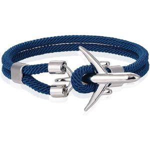 Heren Armband Paracord Vliegtuig Anker Zilverkleurig Lichtblauw-21cm