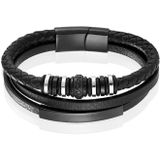 Mendes Jewelry Heren Armband - Zwart Leder met Zilveren Bedels en Zwarte Sluiting-19cm
