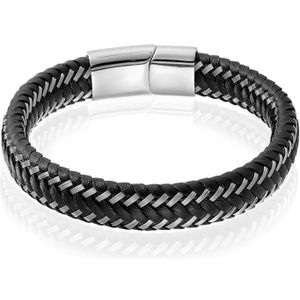 Heren armband Leer Edelstaal LGT Jewels Zilverkleurig Zwart - 19cm