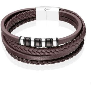 Mendes Jewelry Roestvrijstalen en Echt Lederen Heren Armband in Bruin-21cm