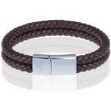 Memphis dubbele leren armband Bruin Zilver-22cm