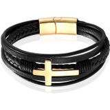 Mendes Jewelry Roestvrijstalen en Echt Lederen Heren Armband met Groot Kruis in Zwart en Goud-19cm