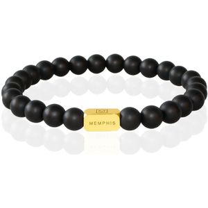 Memphis Kralen Armband Matzwarte Agaat Edelstaal Kraal Goudkleurig-21cm