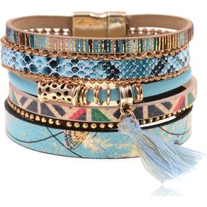 Leren multicolor blauwe Bohemian dames armband met bedel en kwastje