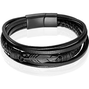 Mendes Jewelry Heren Armband - Stoer Zwart Leder met Bladvormige Stalen Bedel - Zwart-21cm