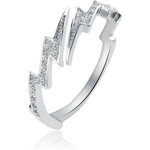 Verstelbare Koperen Ring met Zilveren Coating - Bliksemvorm met Zirkonia Steentjes