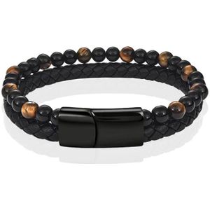 Memphis - Heren Armband - Zwart Bruin - Leer Natuurstenen Kralen
