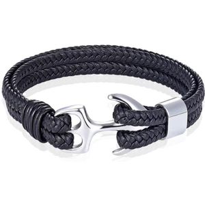 Tom Jaxon Heren armband Anker gevlochten Leer Zilverkleurig Zwart - 20cm