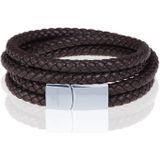 Memphis dubbele wrap armband Leer Bruin Zilver-22cm