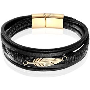 Mendes Jewelry Heren Armband - Stoer Zwart Leder met Bladvormige Stalen Bedel - Goud-23cm