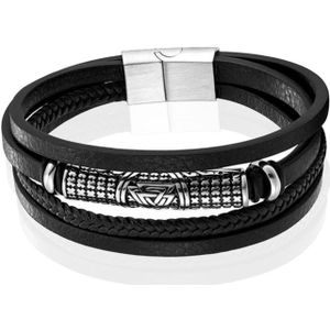 Mendes Jewelry Heren Armband - Stijlvol Zwart Leder met Zilveraccenten-21cm
