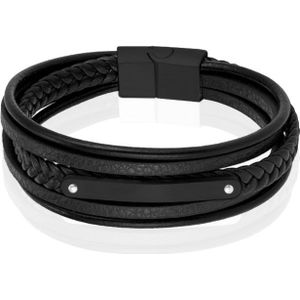Mendes Lederen Armband voor Mannen - Zwart, Met Graveerplaat en RVS Sluiting-19cm