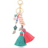 Handgemaakte Ibiza sleutelhanger goudkleurig roze turquoise met schelpjes