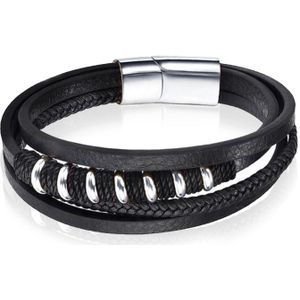 Leren armband Mendes RVS kralen Touw Zwart Zilverkleurig-18.5cm