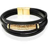 Mendes Jewelry Heren Armband - Stijlvol Zwart Leder met Goudaccenten-21cm