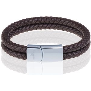 Memphis dubbele leren armband Bruin Zilver-23cm