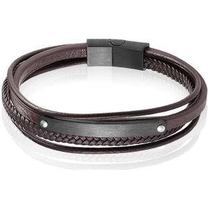 Mendes Heren Armband Bruin Leer Edelstaal ID Graveerplaat Zwart-19cm