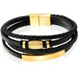 Mendes Jewelry Heren Armband van Roestvrijstaal en Echt Leder - Luxe Zwart met Gouden Elementen-21cm