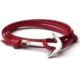 Zilverkleurige anker armband rood leren koord