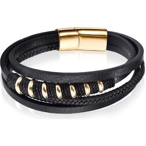 Leren armband Mendes RVS kralen Touw Zwart Goudkleurig-18.5cm