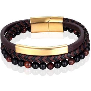 Heren armband Memphis Tijgeroog kraal gevlochten leer Goudkleurig Bruin - 19cm