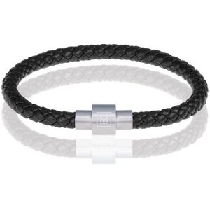 Memphis armband leer met edelstaal Zwart Zilver-19cm