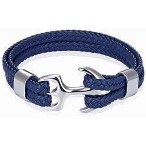 Tom Jaxon Heren armband Anker gevlochten Leer Zilverkleurig Blauw - 20cm