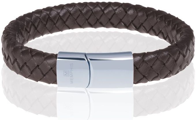 Memphis gevlochten leren armband Bruin Zilver-22cm