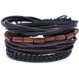 Leren armbanden set met houten kralen zwart bruin