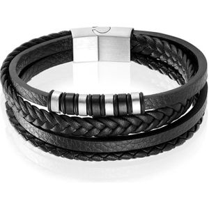 Leren heren armband Multi Mendes Edelstaal Zilverkleurig Zwart - 22.5cm