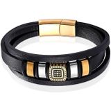 Mendes Jewelry Etnische Heren Armband in Zwart Leer met Goud en Zilveren Bedels-19cm