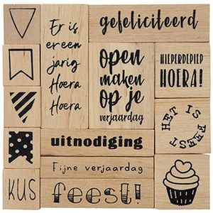 Cs1076 Houtstempel set - Feest - 14 delig met Nederlandse teksten