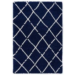 Hoogpolig vloerkleed ruiten Artisan - marineblauw/wit 100x200 cm