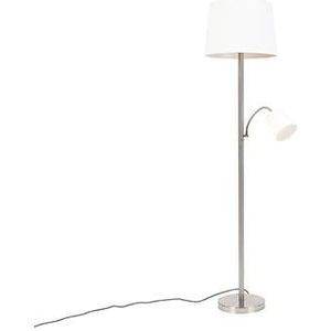 QAZQA Klassieke vloerlamp staal met witte kap en leeslampje - Retro