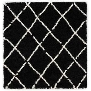 Vierkant hoogpolig vloerkleed ruiten Artisan - zwart/wit 100x100 cm