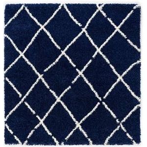 Boho&me Vierkant hoogpolig vloerkleed ruiten Artisan - marineblauw|wit