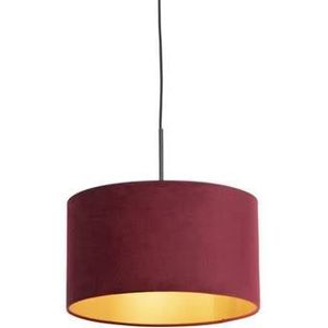 QAZQA Zwarte hanglamp met velours kap rood met goud 35 cm - Combi