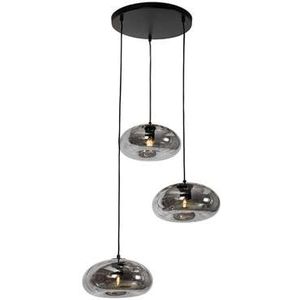 QAZQA Art Deco hanglamp zwart met smoke glas rond 3-lichts - Ayesha