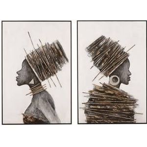 J-Line Schilderij Afrikaanse Vrouw Hout|Canvas Bruin|Grijs Assortim