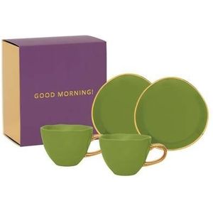 Urban Nature Culture Good Morning Kop Cappuccino/Thee en Bord Evergreen Sprig - Set van 4 - In Geschenkverpakking