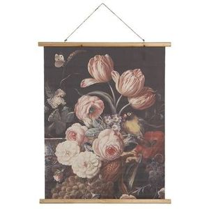 Clayre & Eef Wandkleed 80x100 cm Bruin Wit Hout Textiel Rechthoek Bloemen Wanddoek