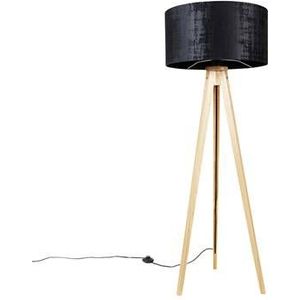 QAZQA Vloerlamp hout met stoffen kap zwart 50 cm - Tripod Classic